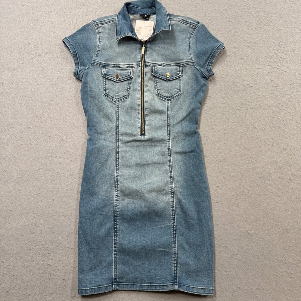 NEW G By GUESS Nini Knitdigo Dress Women's Small Blue Denim Half Zip Pullover